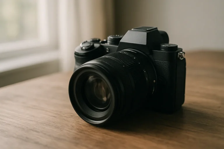 Appareil photo numérique sur une table, éclairage doux, fenêtre en arrière-plan