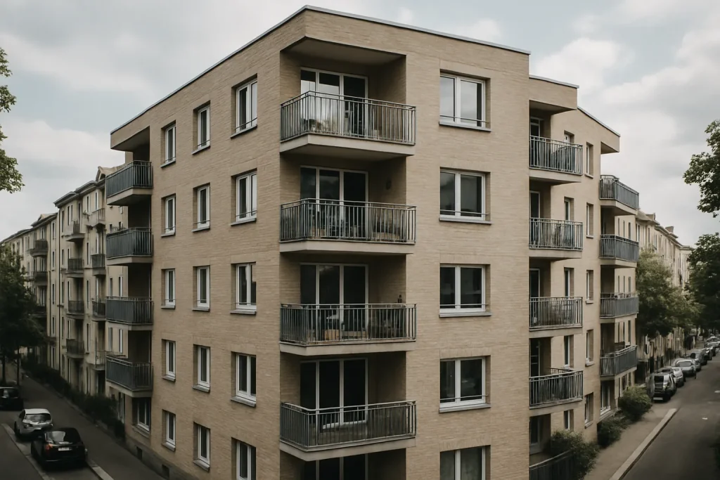 Un immeuble résidentiel vu de l'extérieur avec des balcons et fenêtres, en plein jour.