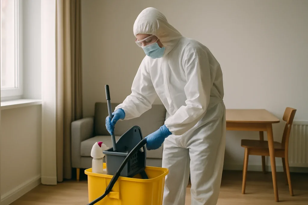 Agent en tenue de protection manipulant des équipements de nettoyage dans un appartement après un décès.