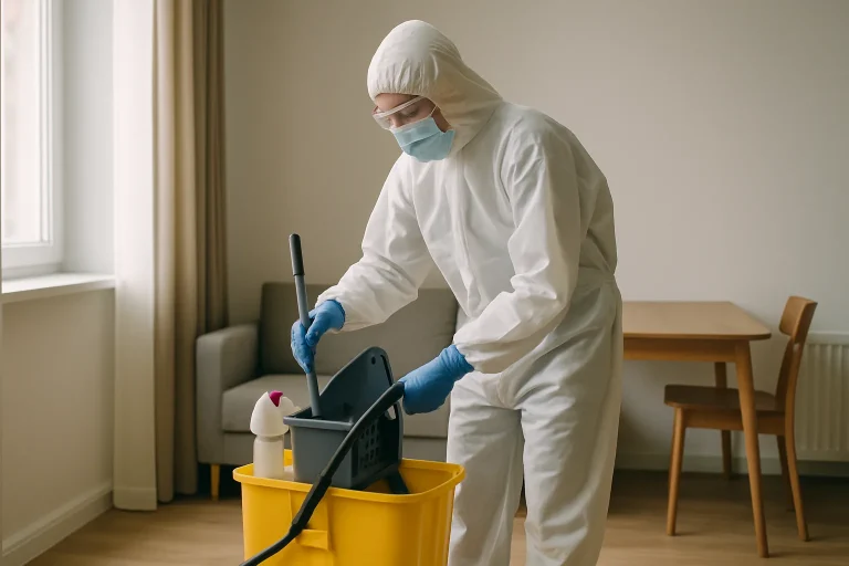 Agent en tenue de protection manipulant des équipements de nettoyage dans un appartement après un décès.