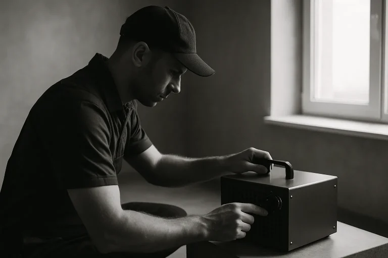 Technicien utilisant un générateur d'ozone dans une pièce vide, lumière douce.