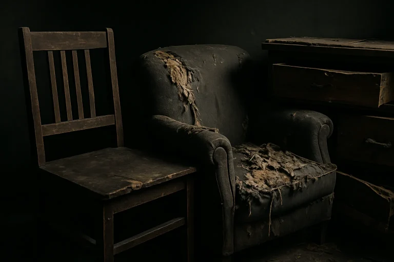 Mobilier abîmé avec tissus déchirés et objets cassés après infestation de rats.