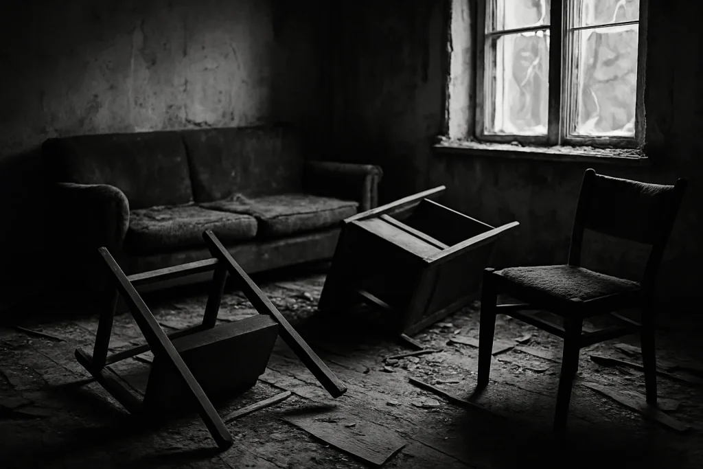 Intérieur d'une pièce abandonnée avec des meubles renversés et fenêtre brisée.
