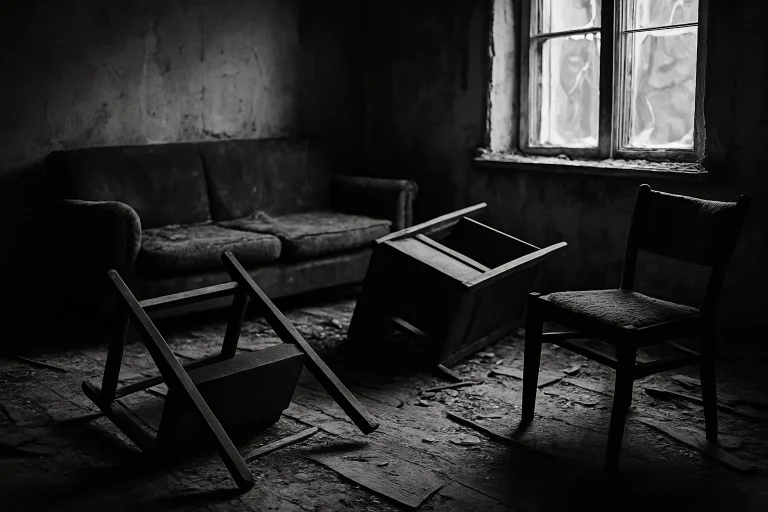 Intérieur d'une pièce abandonnée avec des meubles renversés et fenêtre brisée.