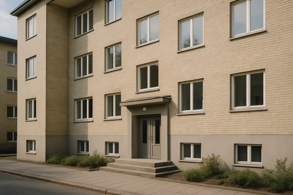 Façade d'un immeuble résidentiel avec entrée principale visible.