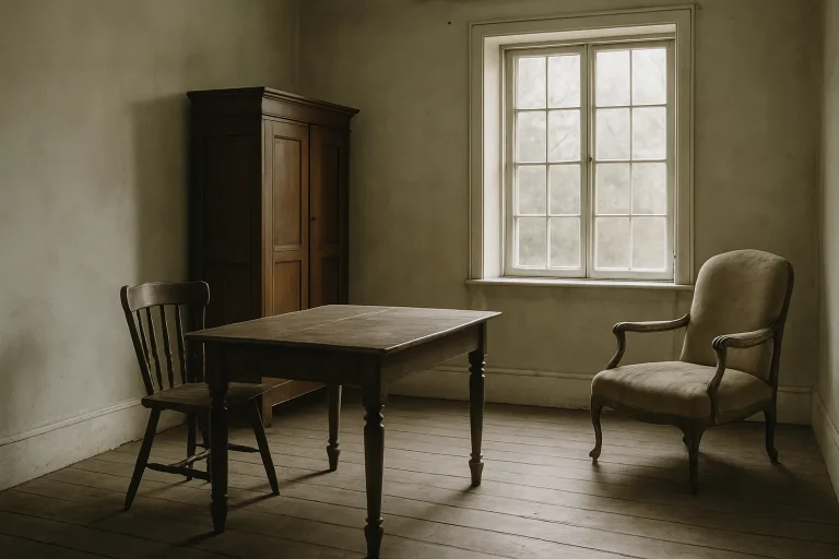 Intérieur d'une maison vide avec des meubles anciens, lumière naturelle abondante