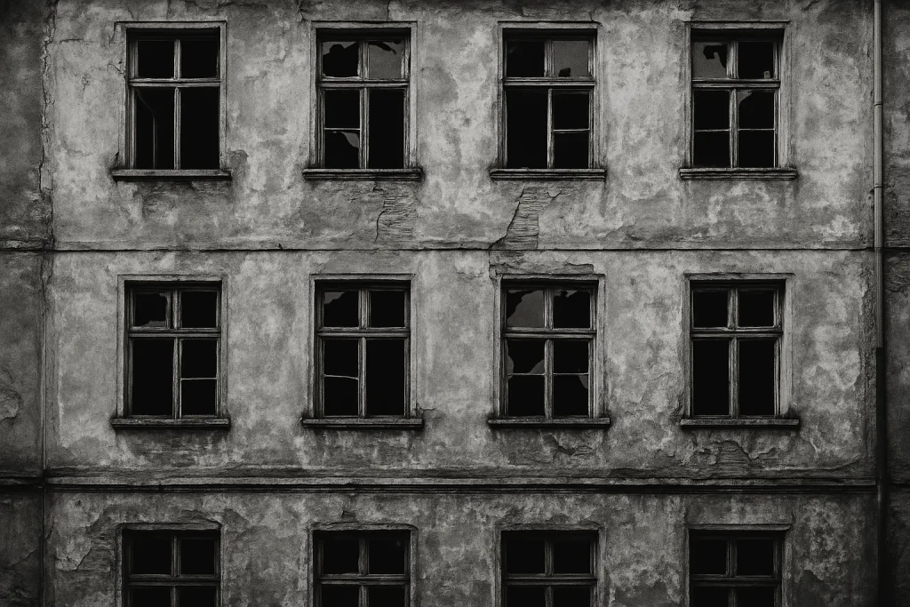 Vue d'un immeuble ancien avec une façade délabrée et fenêtres cassées