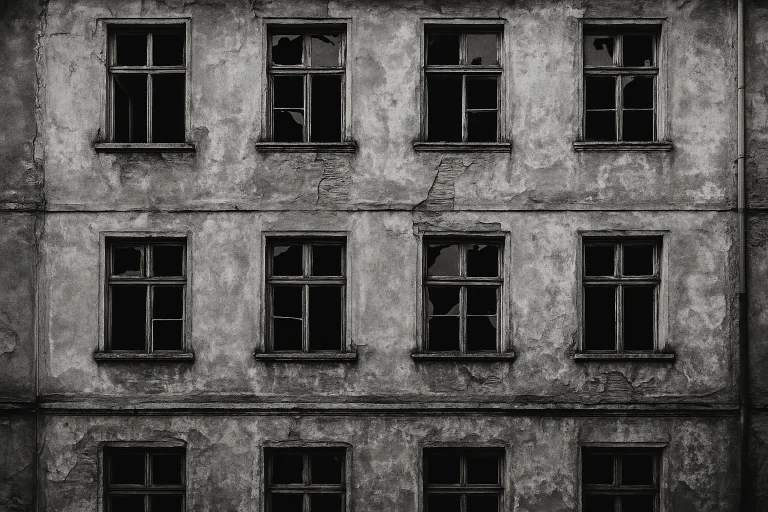 Vue d'un immeuble ancien avec une façade délabrée et fenêtres cassées