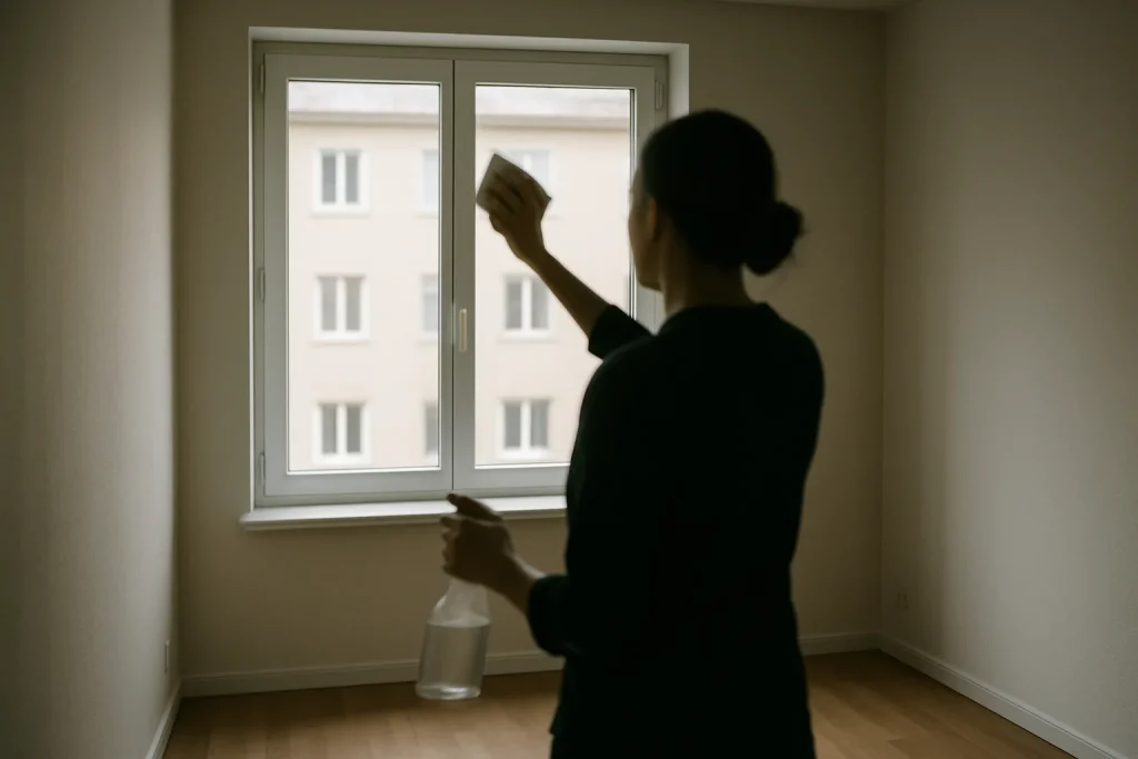 Silhouette floue de dos nettoyant une fenêtre dans un appartement vide, lumière douce.