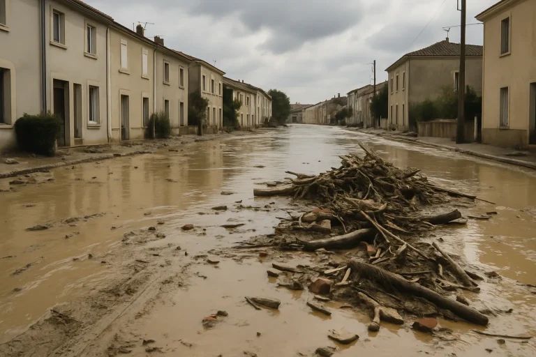 Rue inondée montrant boue, débris et bâtiments sous un ciel nuageux