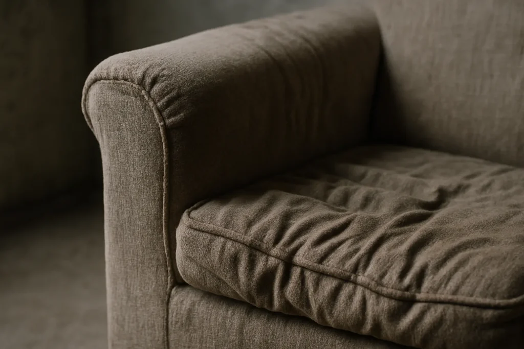 Coin d'un vieux canapé usé, potentiellement infesté de punaises de lit.