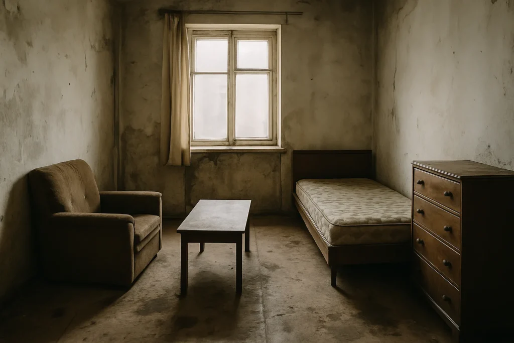 Intérieur d'un logement insalubre avec meubles abîmés et taches sur le sol.