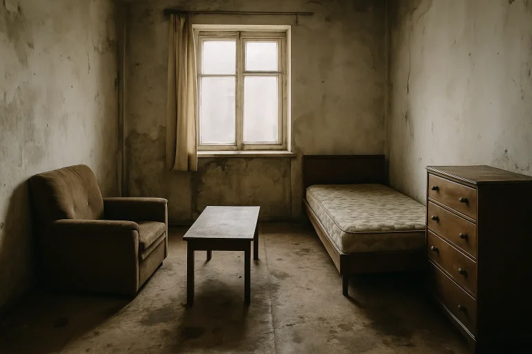 Intérieur d'un logement insalubre avec meubles abîmés et taches sur le sol.